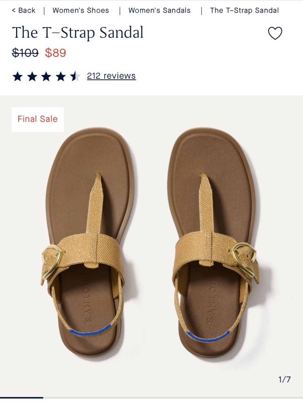 Rothy's The T-Strap Sandal in Metallic Golden Sun, with Tan Outsoles